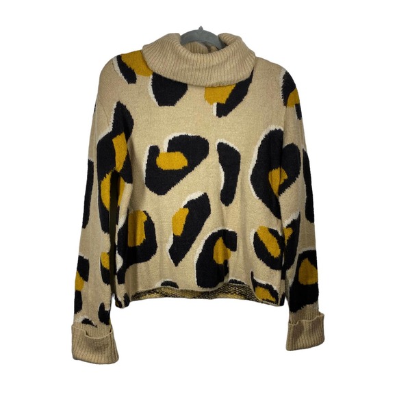 Anthropologie Moth Georgia Leopard Animal Turtleneck Sweater Tan Black Sz Small - Picture 4 of 8